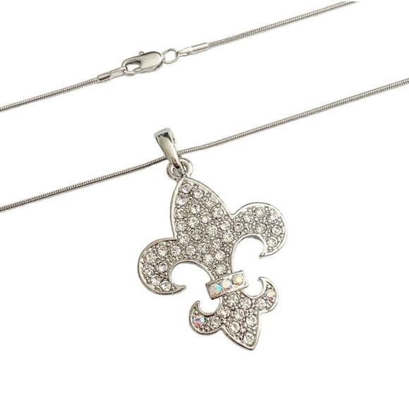 Large White Crystal Fleur De Lis Necklace - Iridescent - Picture 1 of 1